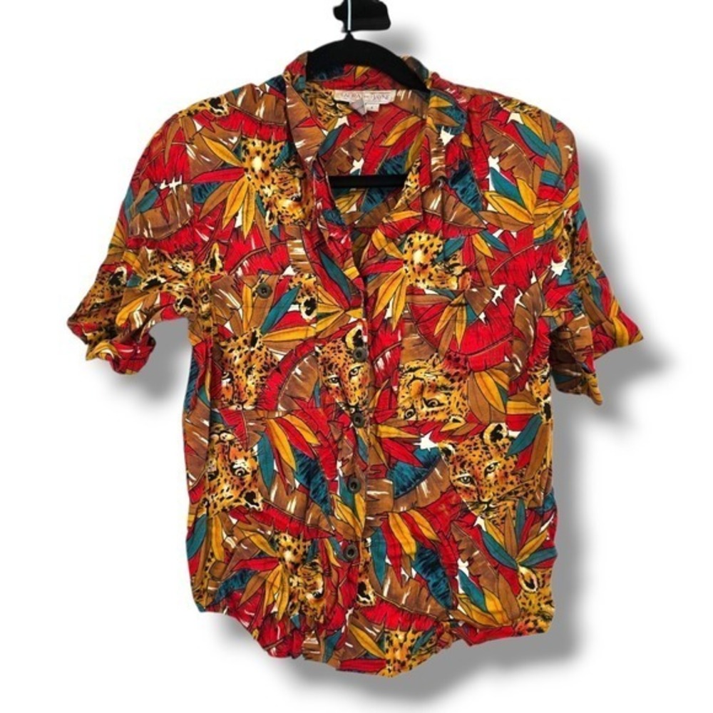 Vintage Laura and Jayne Button-Up Shirt Leopard Print‎ Tropical Short Sleeve 6